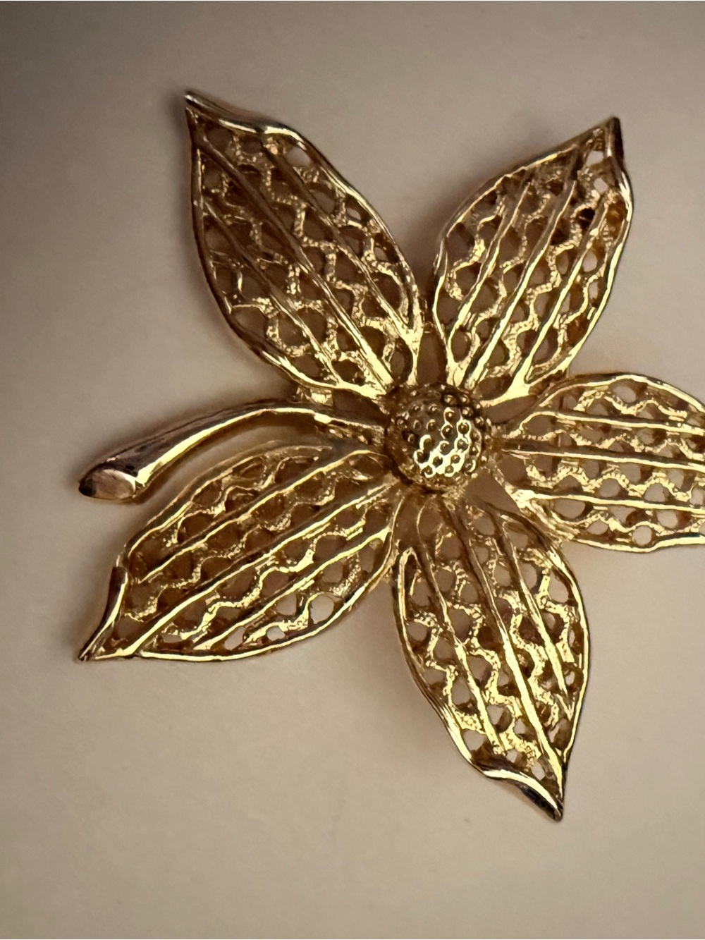 Vintage Gold Tone Openwork Flower Brooch Large Filigree Floral Statement Pin